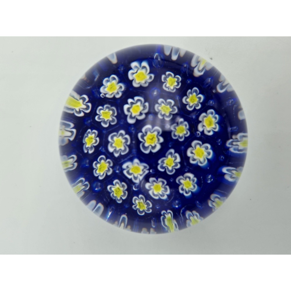 Vintage Murano Style Millefiori Paperweight Cobalt Blue Yellow Art Glass 2.5"